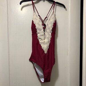 Cupshe Burgundy and Cream Lace One Piece Swimsuit